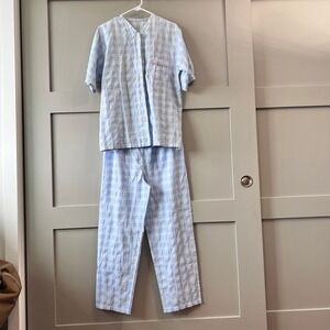 Unbranded Seersucker Pajama Set Women Medium Blue Plaid Good Short Sleeve PJ Set